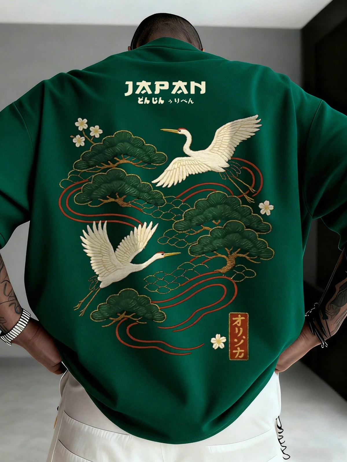 Zrgoth Men's Casual Versatile Minimalist Japanese Crane Print Short Sleeve T-Shirt