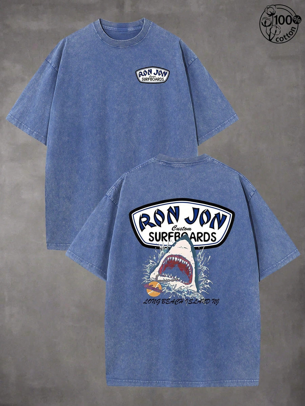 Vintage Washed Rons Jon Surf Shop Long Beach Island Shark Graphic T-Shirt, 100% Cotton Oversized Short Sleeve Tee, Retro Surf Style