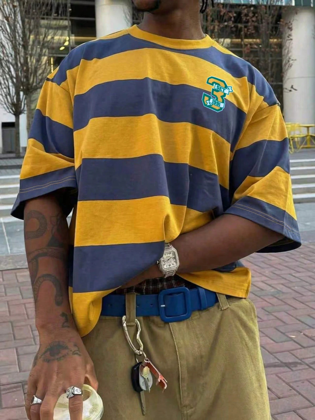 Men's Retro American Style Colorblock Wide Stripe Clean Fit Dropped Shoulder Short Sleeve T-Shirt, College Style