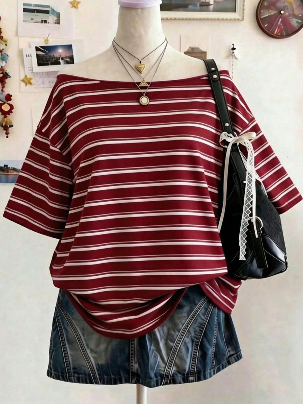 Lalippa Women's Casual Striped Off-Shoulder T-Shirt, Summer