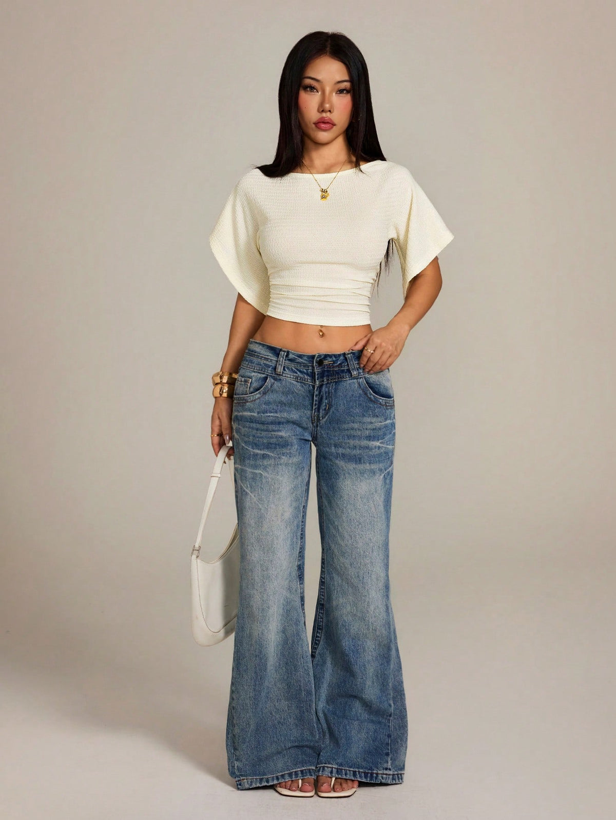 SHEIN PETITE Apricot Knit Batwing Short Sleeve Cropped T-Shirt For Women,Summer Top