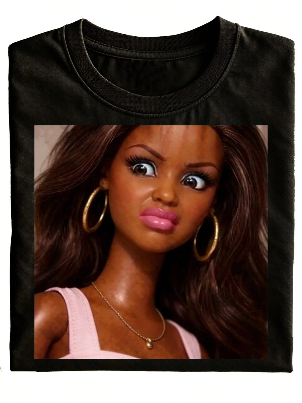 New Fun Unisex Women's T-Shirt With Black Doll Face Print, Suitable For Casual Daily Wear, Great For Gifting, Pure Fashion, Versatile, Short-Sleeved, Plus Size